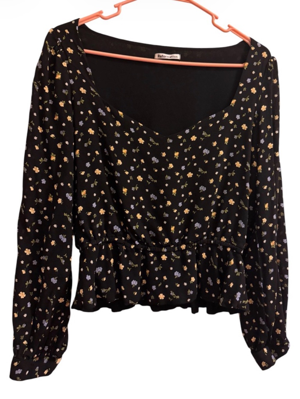 Reformation Black Floral V-Neck Peplum Blouse with Yellow and Lavender Flowers